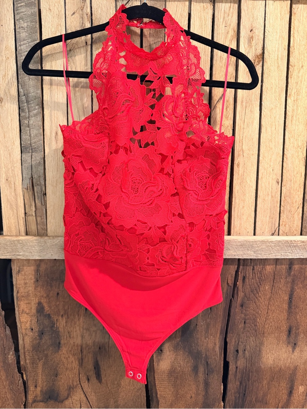 Express Red Floral Lace Halter Bodysuit